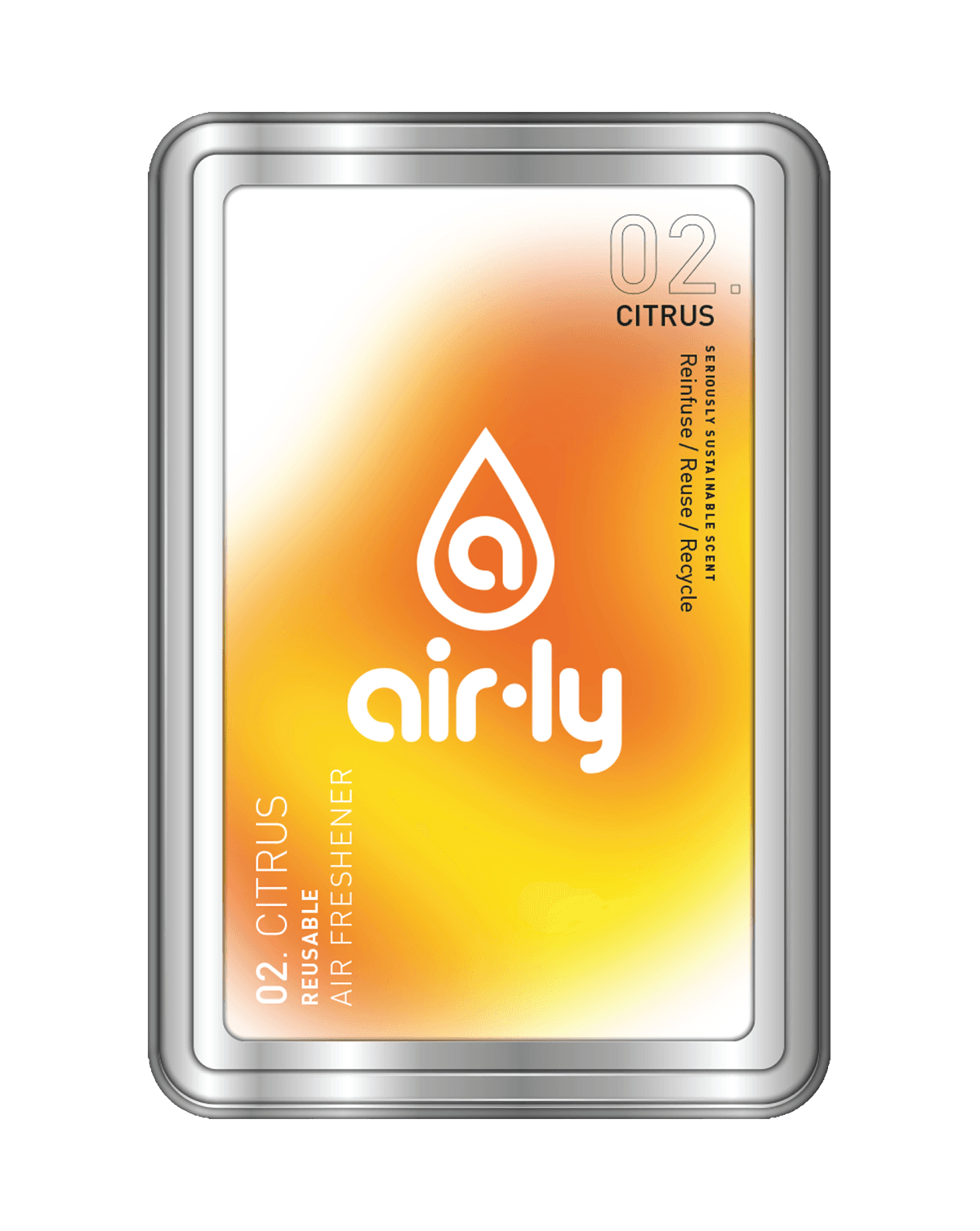 air·ly reusable air freshener tin, 02 Citrus, with an orange and yellow gradient label