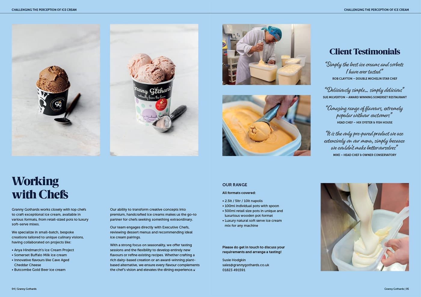 Granny Gothards brochure spread on working with chefs, with client testimonials