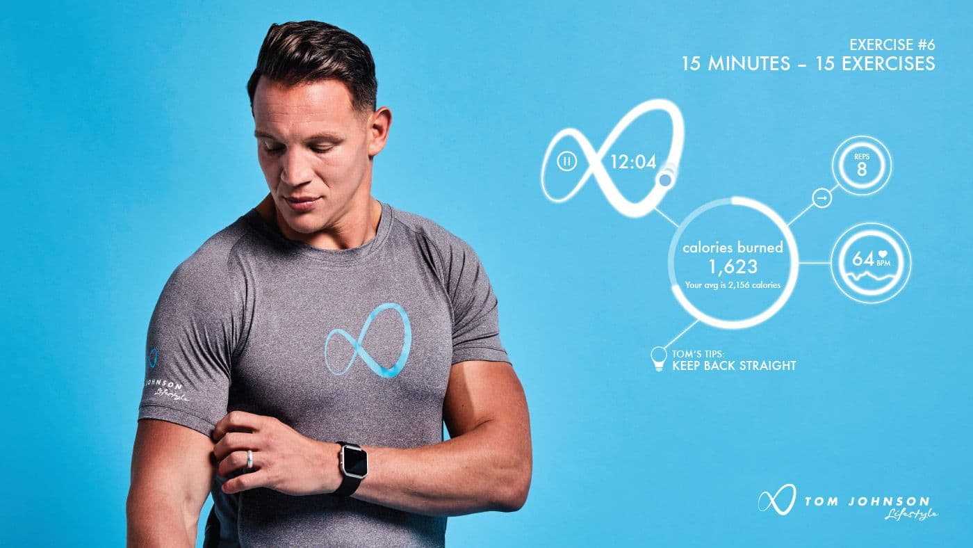 Tom Johnson Lifestyle campaign: a man in a branded training top checking his watch, with workout stats graphics on a blue background