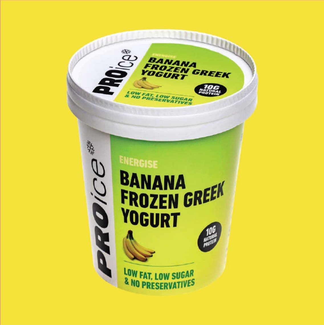 PROice Banana Frozen Greek Yogurt packaging on a yellow background