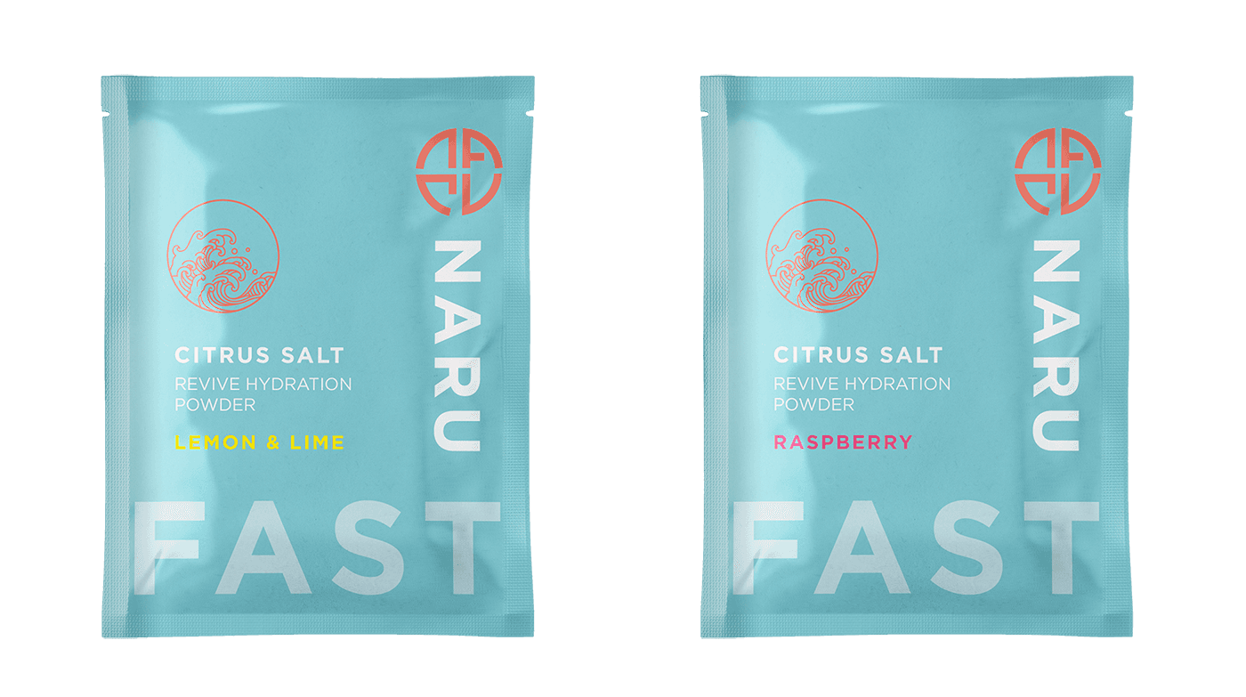 Two Naru Citrus Salt hydration powder sachets in lemon and lime and raspberry, in an aqua design