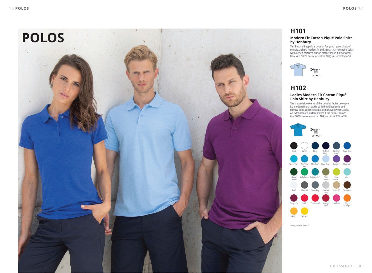 Polos spread from The Essential Edit catalogue for PenCarrie, with three models in Henbury polo shirts and colour swatches