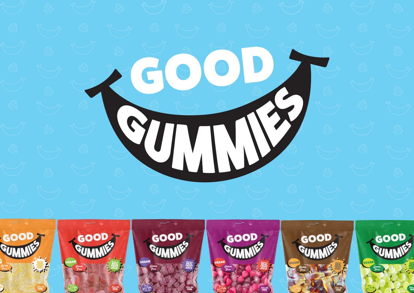 The Good Gummies smile logo on a sky blue background, above a row of colourful sweet bags