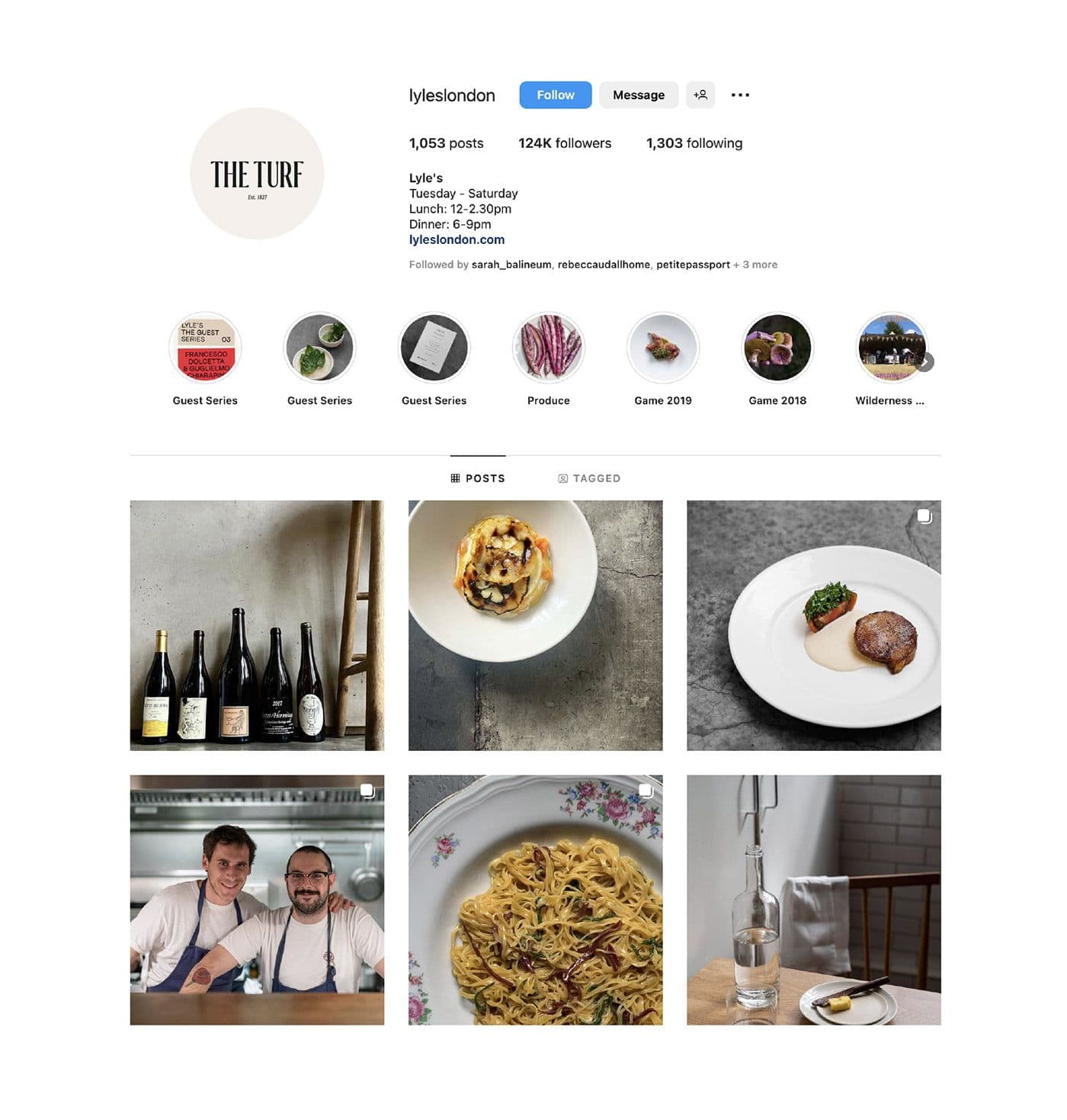 Instagram profile mock-up for The Turf, showing the logo and a grid of food and drink posts