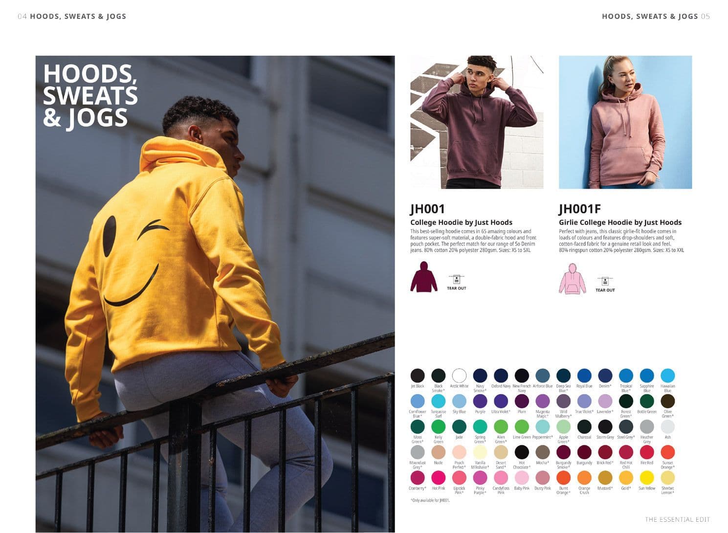 Hoods, sweats and jogs spread from The Essential Edit, featuring Just Hoods college hoodies and colour swatches