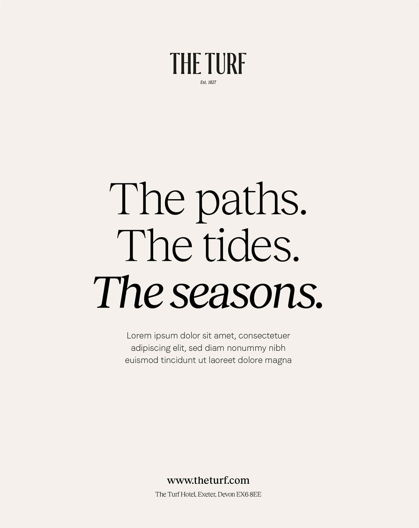 The Turf poster: 'The paths. The tides. The seasons.' on a pale background