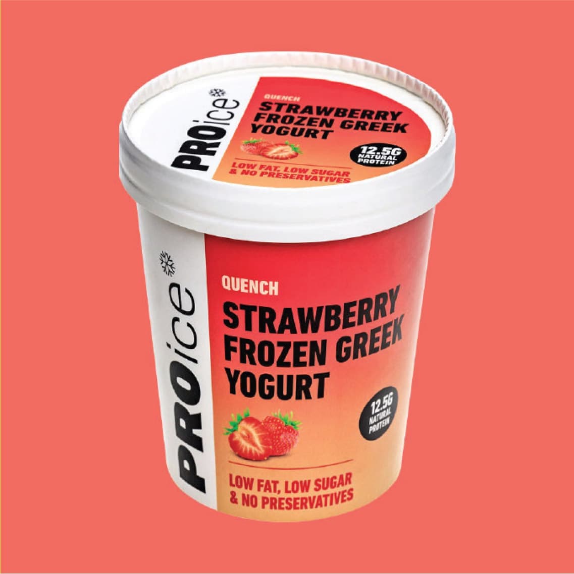 PROice Strawberry Frozen Greek Yogurt packaging on a coral background