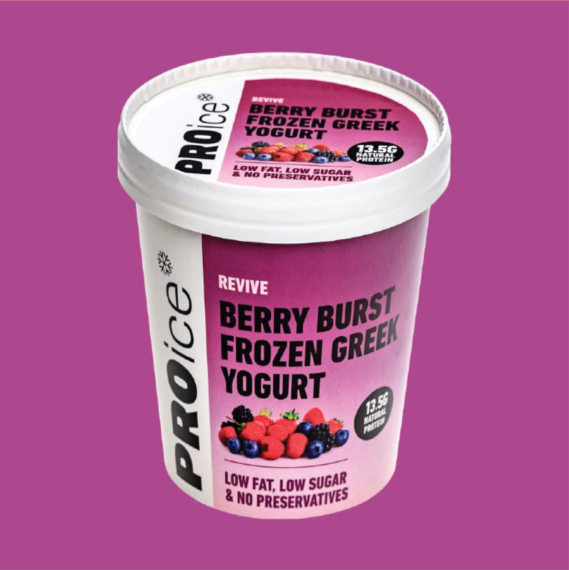 PROice Berry Burst Frozen Greek Yogurt packaging on a purple background
