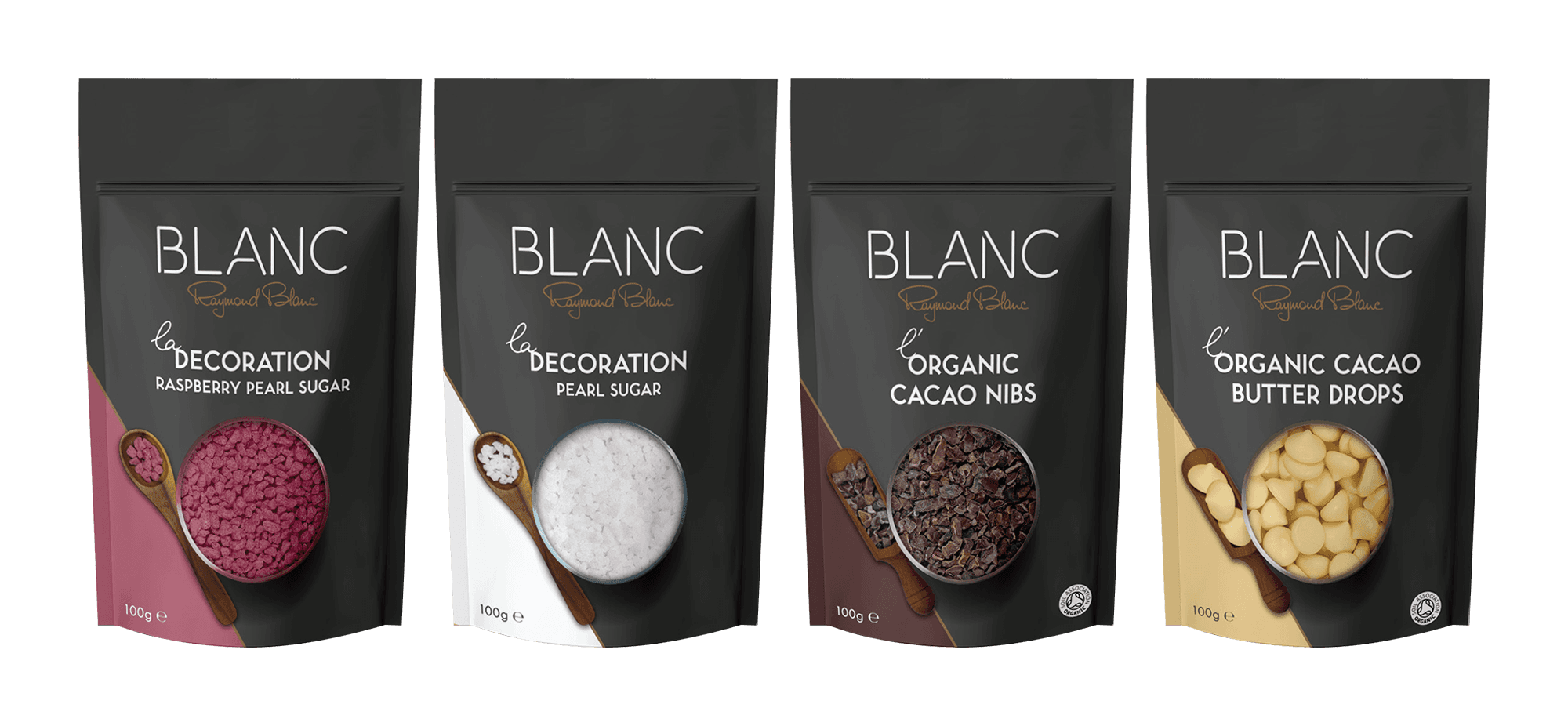 The BLANC by Raymond Blanc baking range: four stand-up pouches of raspberry pearl sugar, pearl sugar, organic cacao nibs and organic cacao butter drops