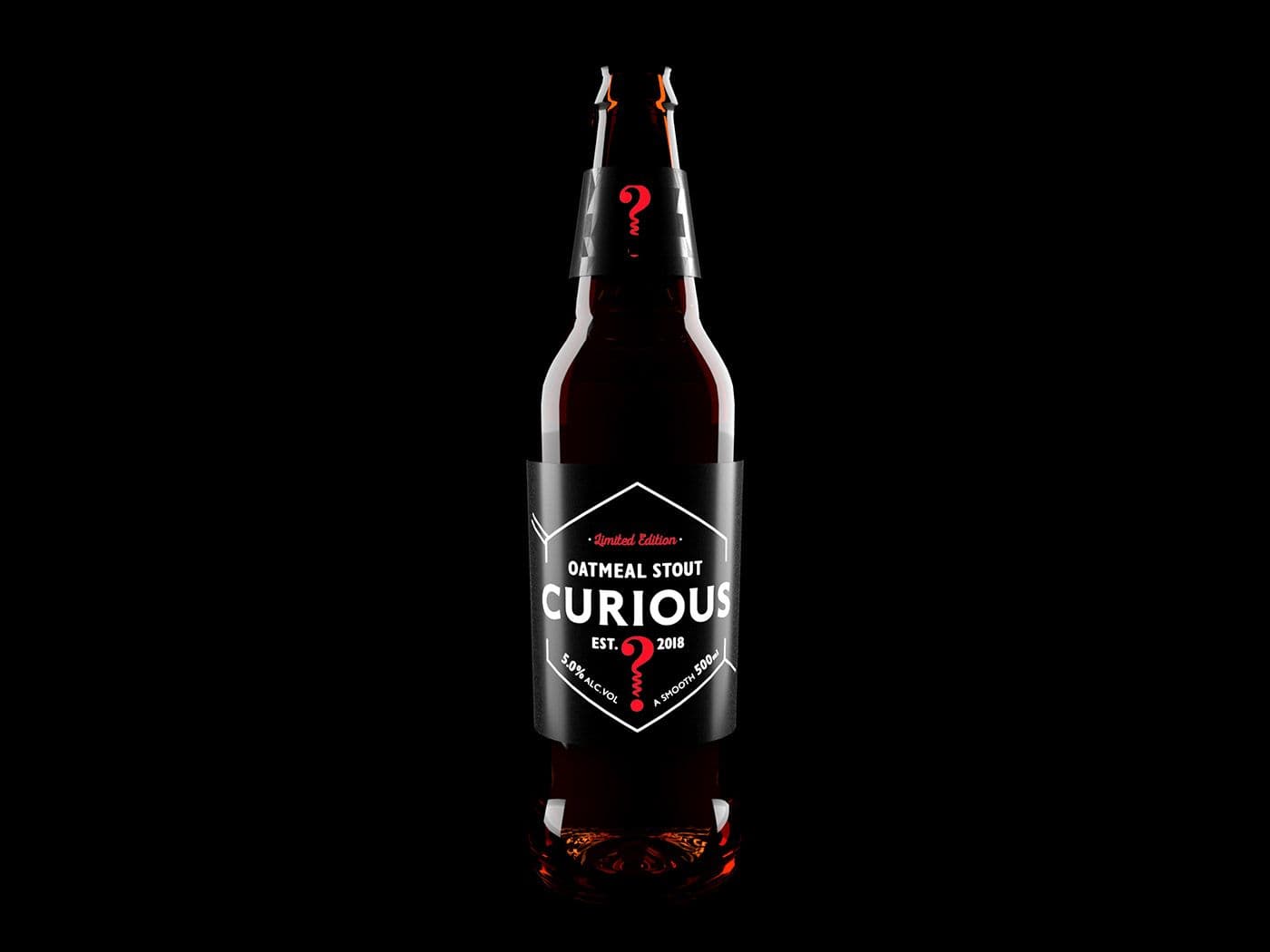 A bottle of Curious Brewing limited edition Oatmeal Stout on a black background