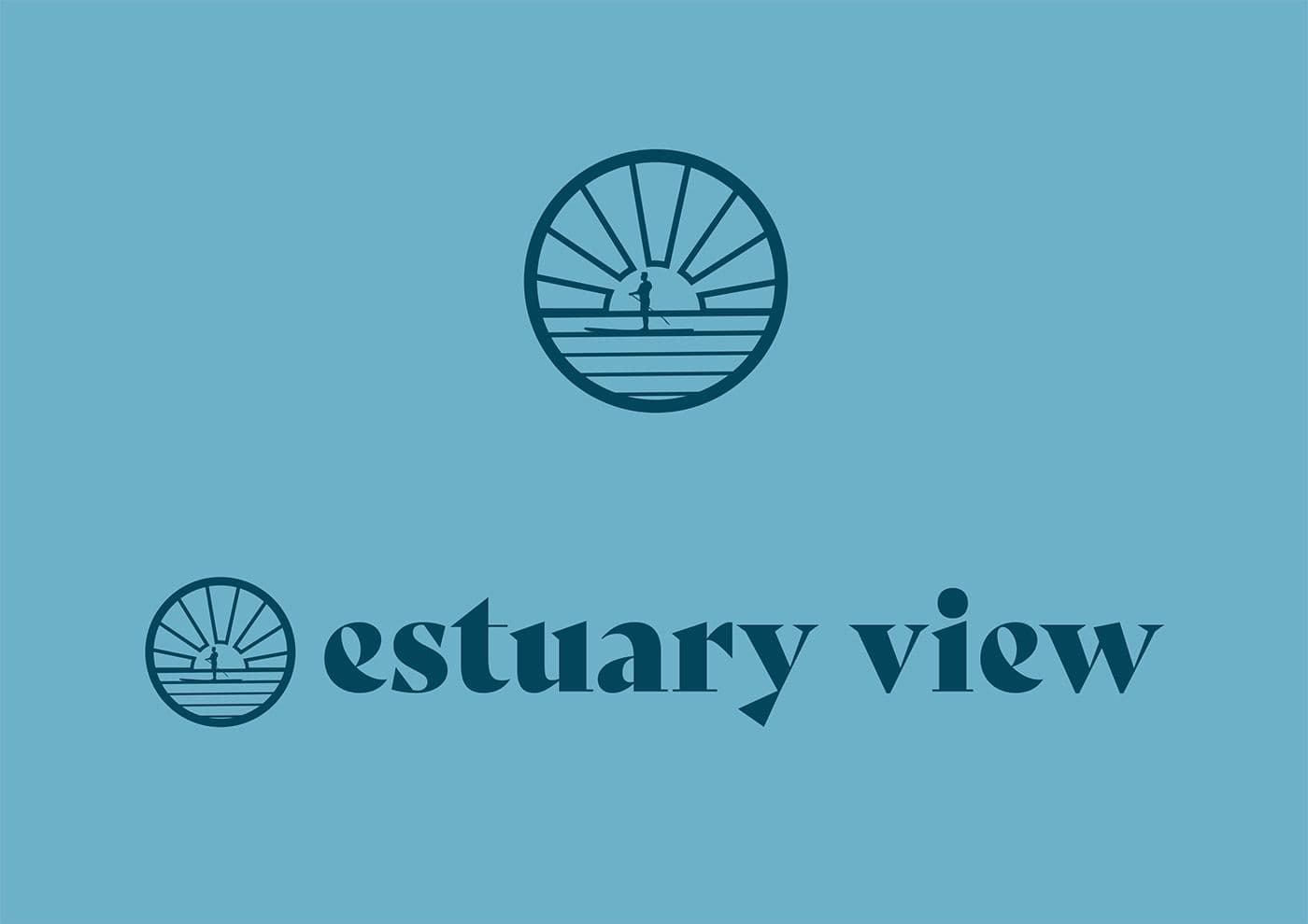 Estuary View roundel and wordmark in dark teal on a blue background