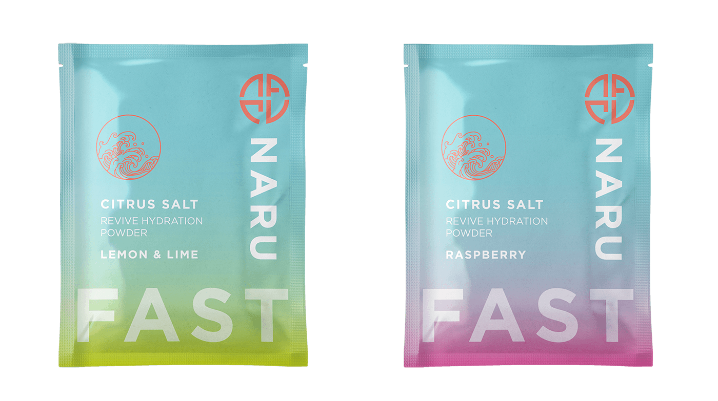 Naru Citrus Salt sachets in lemon and lime and raspberry, with gradient flavour colours