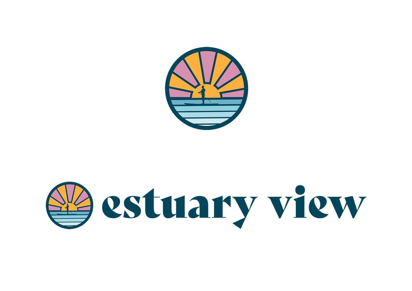 Estuary View logo lockups: a sunset roundel with a paddleboarder, and the estuary view wordmark