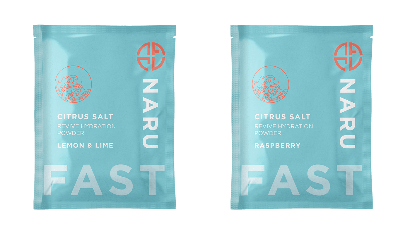 Two Naru Citrus Salt hydration powder sachets in lemon and lime and raspberry