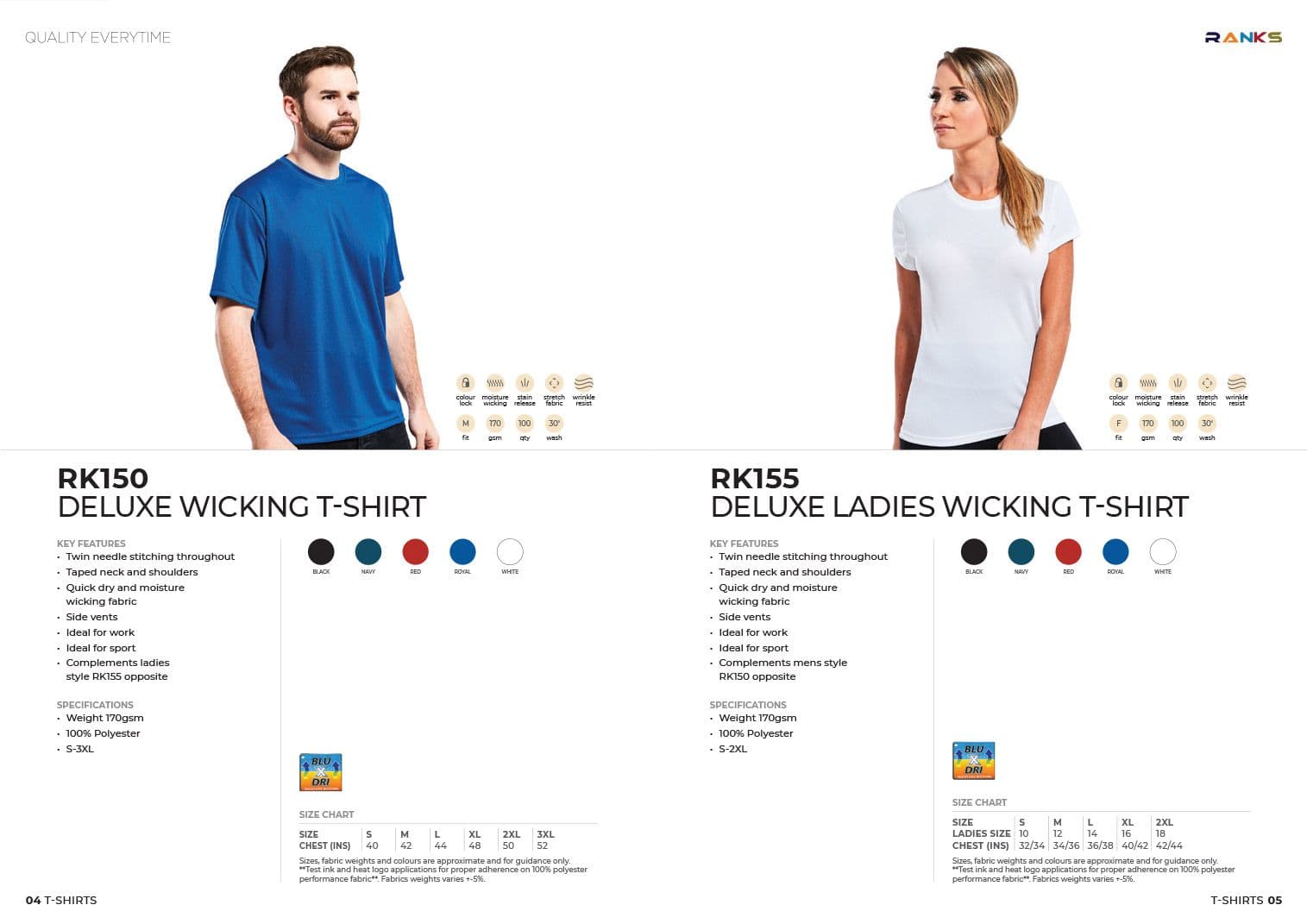 T-shirts spread from the RANKS catalogue, featuring the RK150 and RK155 Deluxe Wicking T-shirts