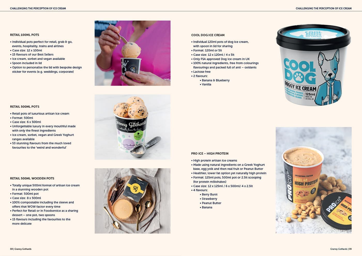 Granny Gothards brochure spread on retail products: pots, tubs and Cool Dog ice cream
