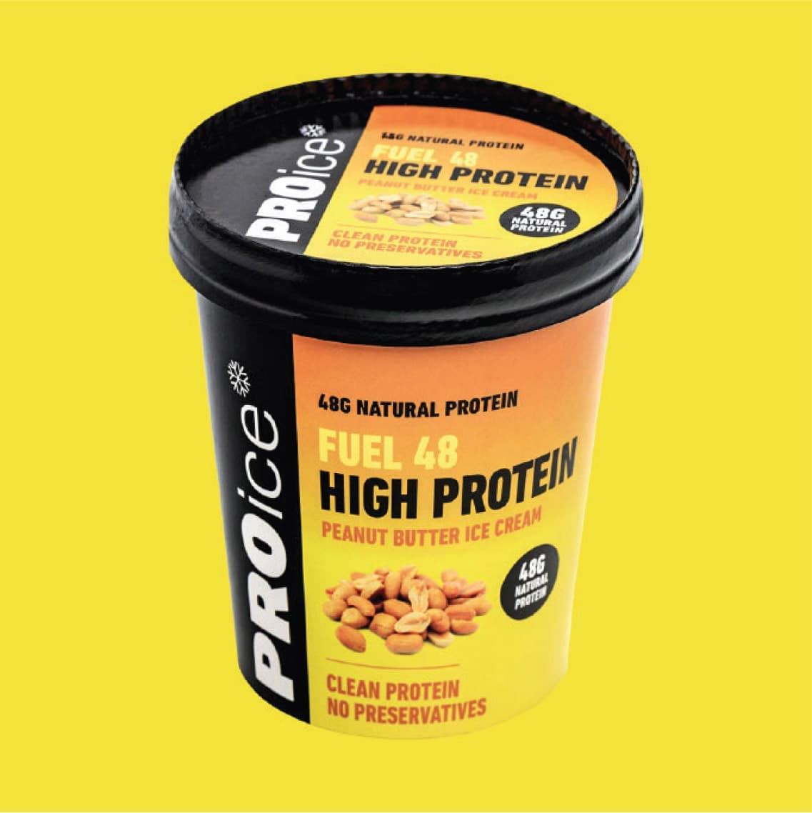 PROice Fuel 48 High Protein Peanut Butter Ice Cream packaging on a yellow background