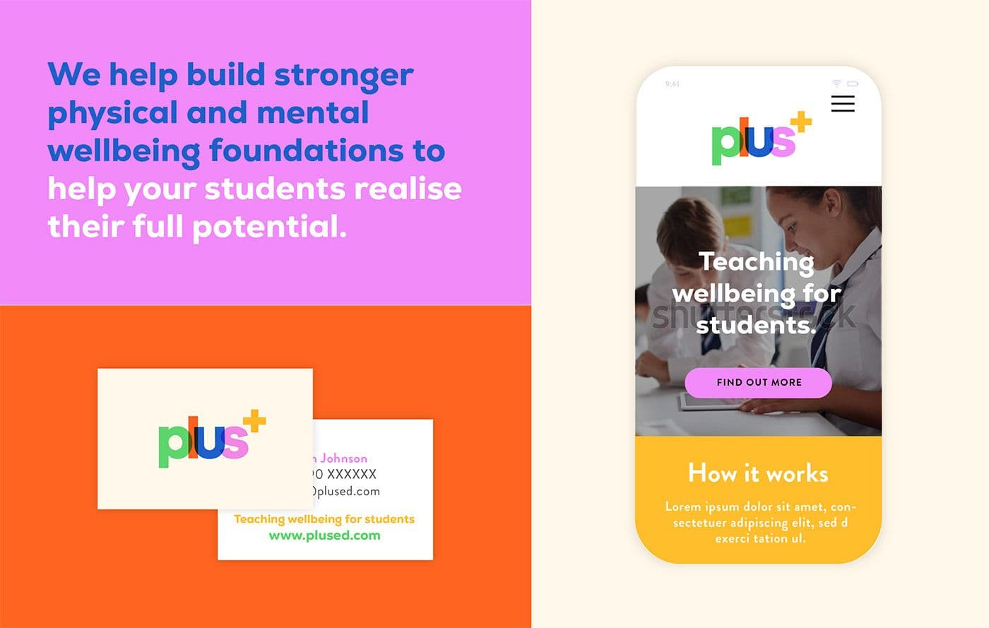 plus+ brand applications: a headline panel, business cards and a mobile website