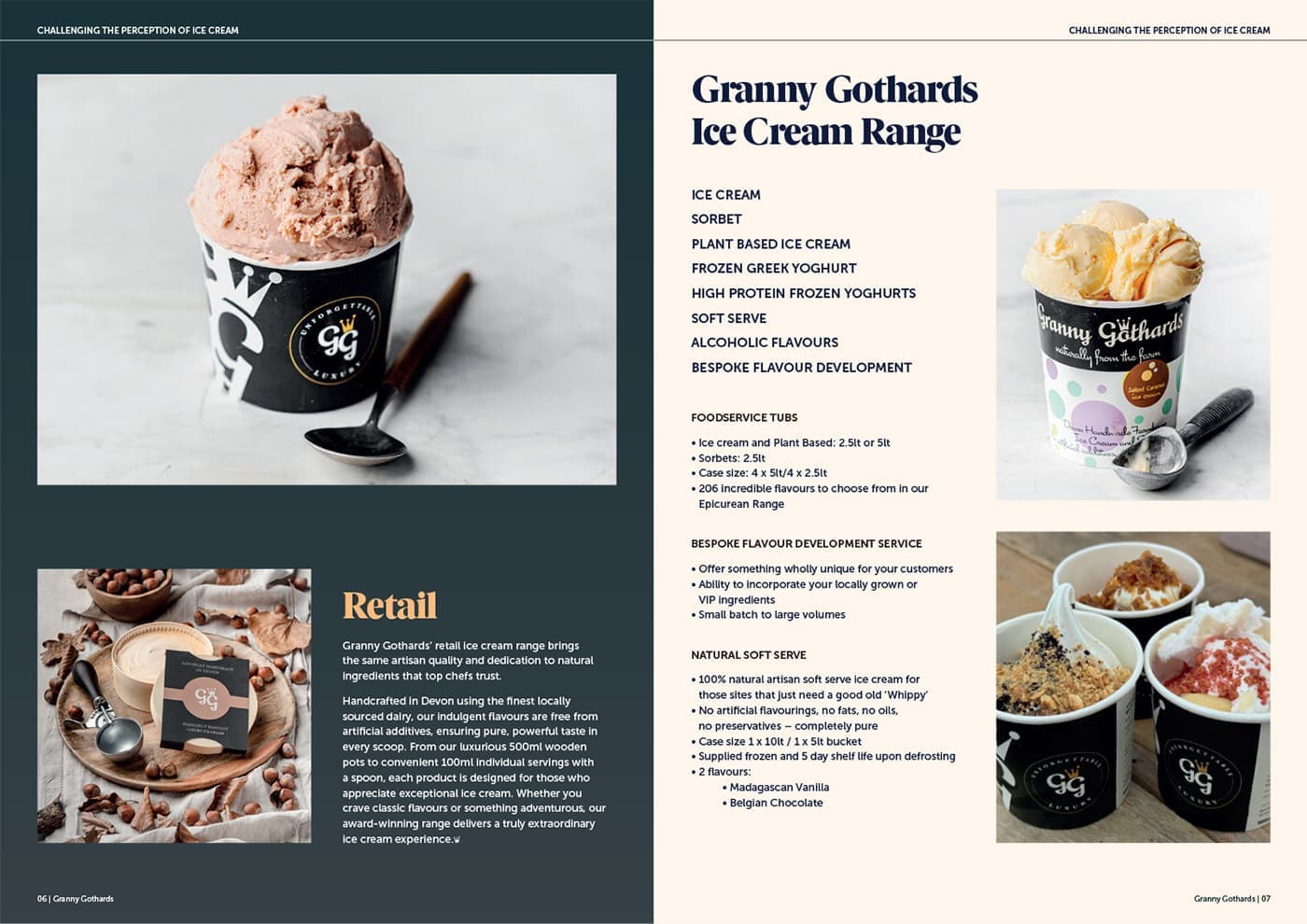 Granny Gothards brochure spread introducing the ice cream range, with product photography
