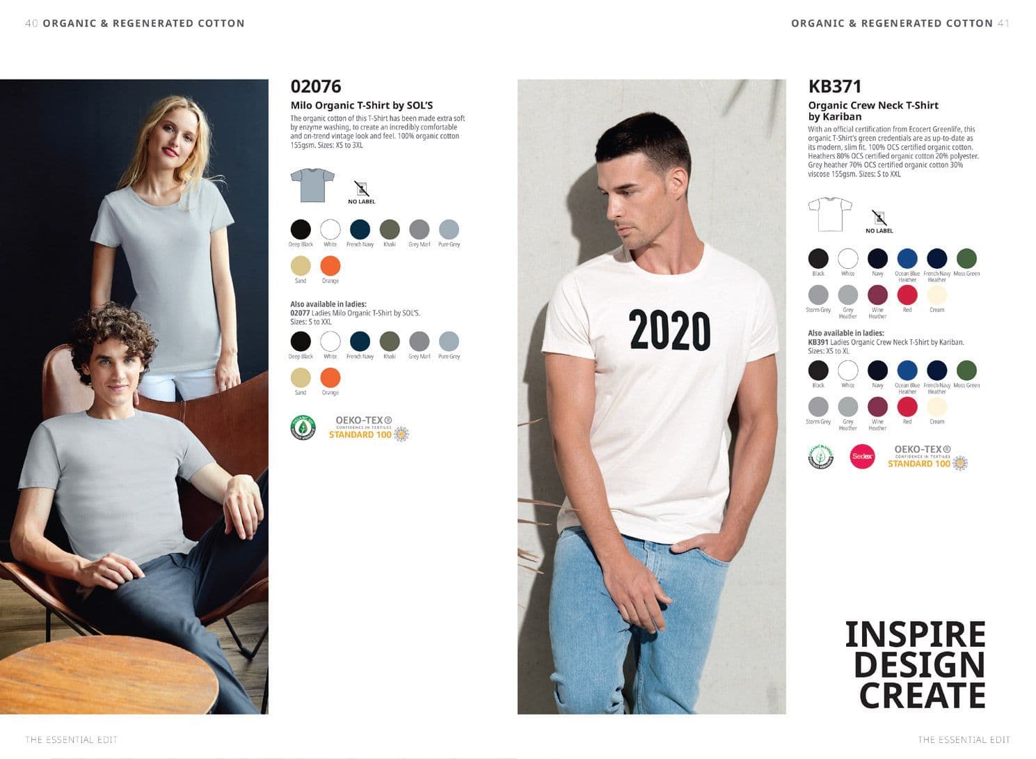 Organic and regenerated cotton spread from The Essential Edit, featuring SOL'S and Kariban organic T-shirts