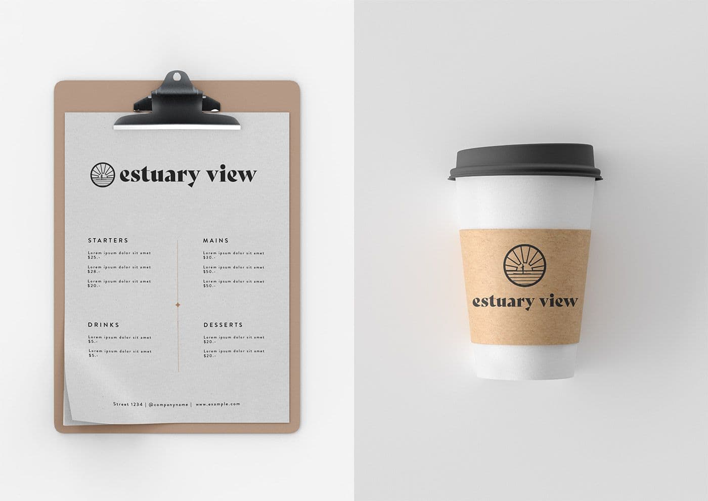 Estuary View branding on a menu on a clipboard and a takeaway coffee cup