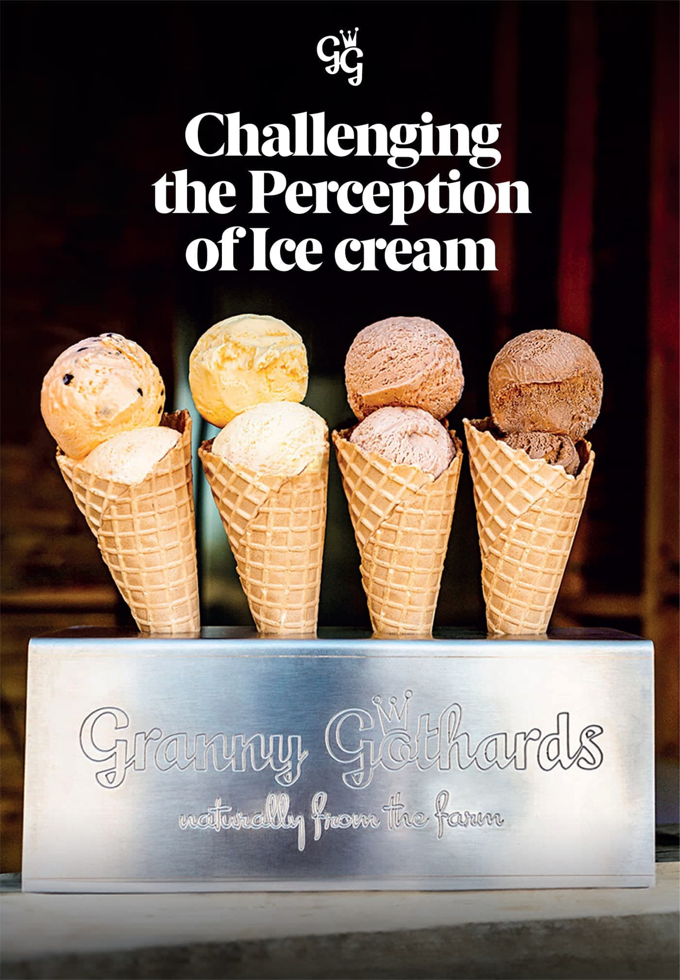 Granny Gothards brochure cover: 'Challenging the Perception of Ice Cream', with cones and a branded sign