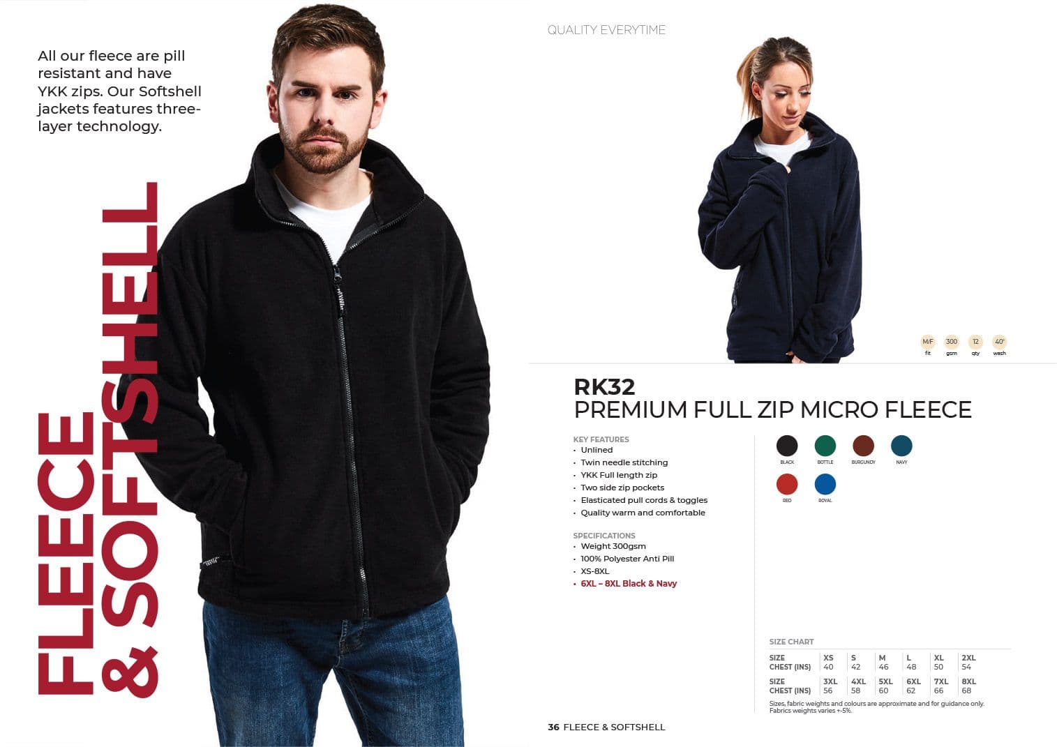 Fleece and softshell spread from the RANKS catalogue, featuring the RK32 Premium Full Zip Micro Fleece