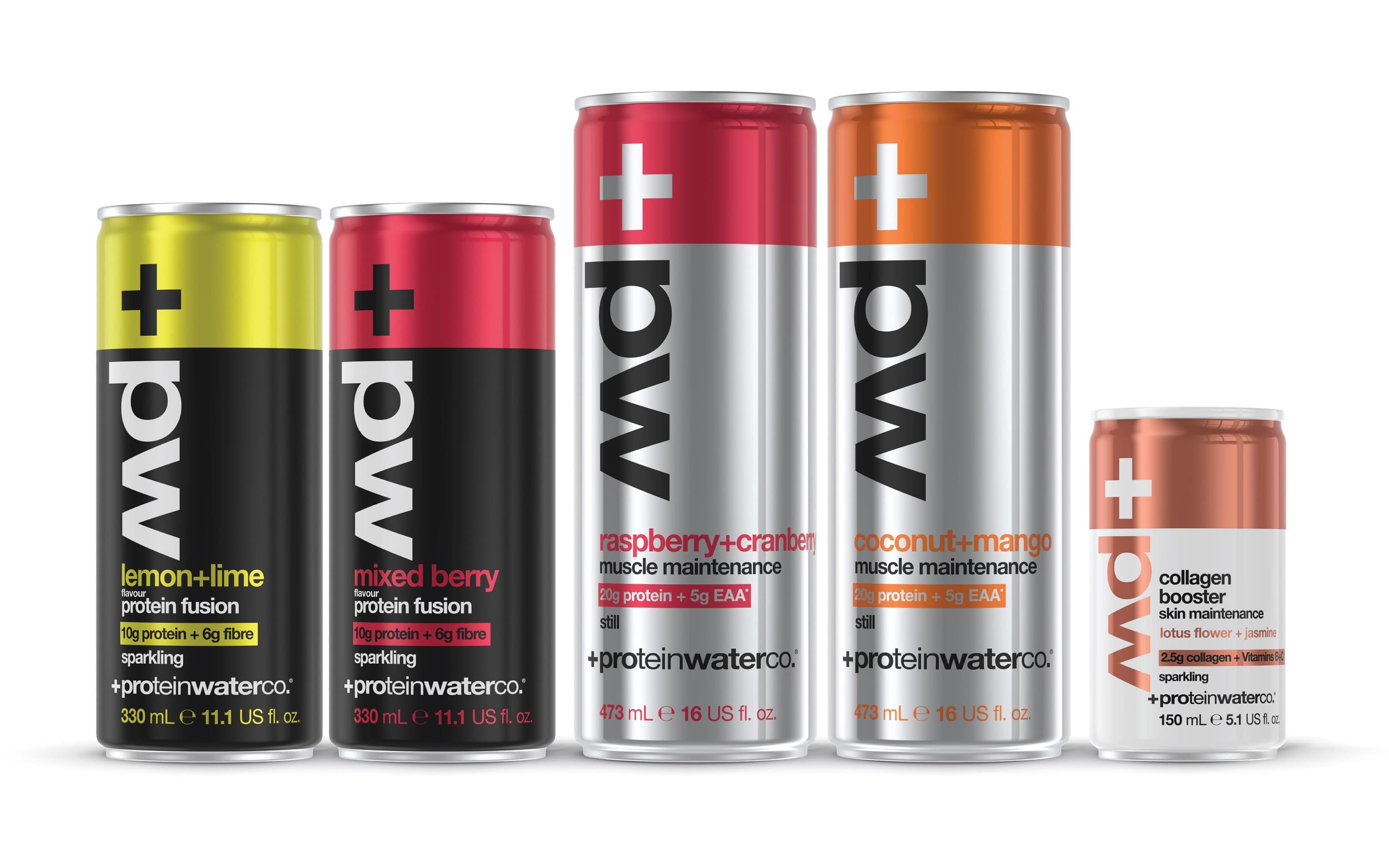 The +pw Protein Water Co. range: lemon and lime and mixed berry sparkling cans, raspberry and cranberry and coconut and mango bottles, and a collagen booster can