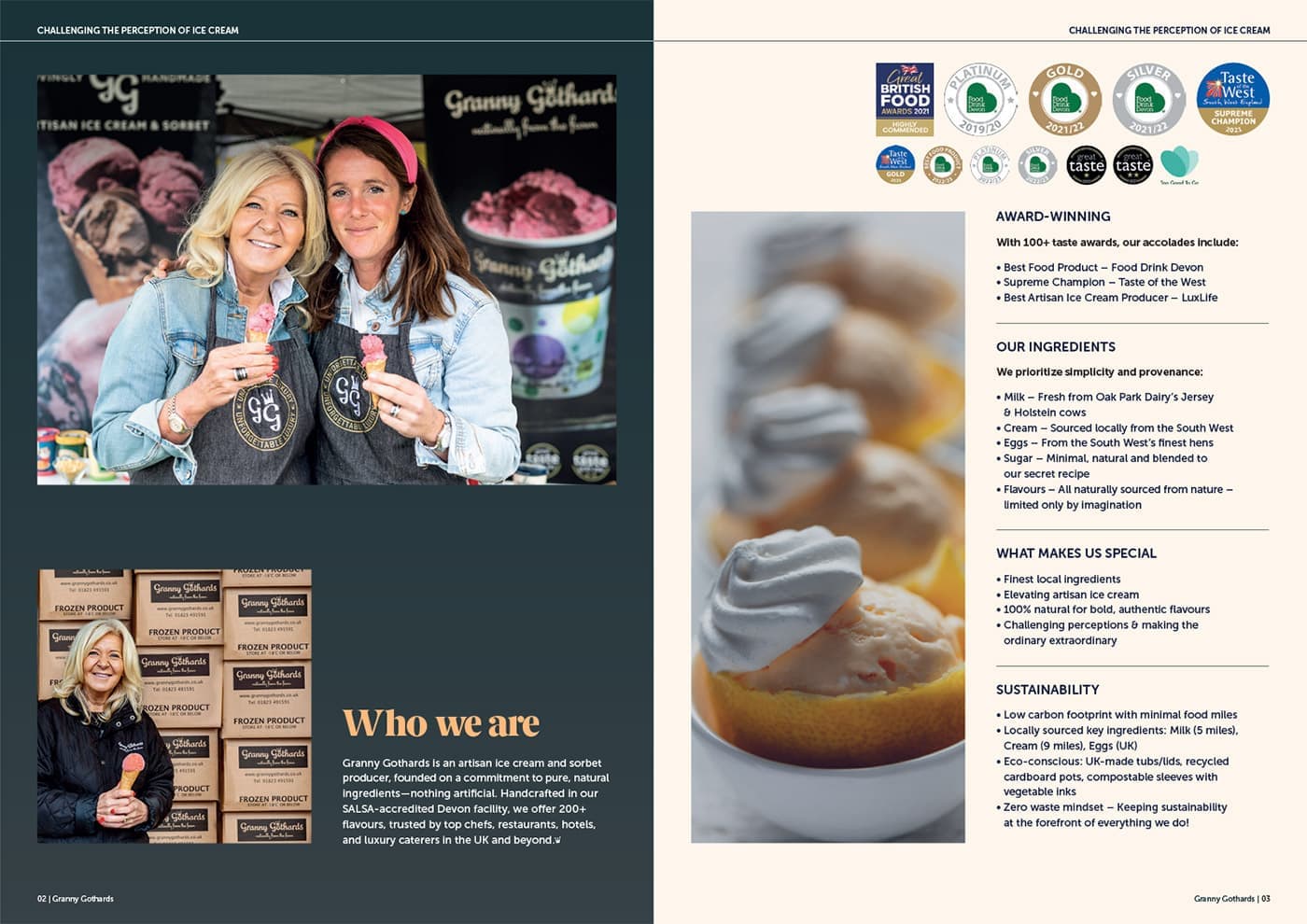 Granny Gothards brochure spread 'Who we are', with the founders and award logos